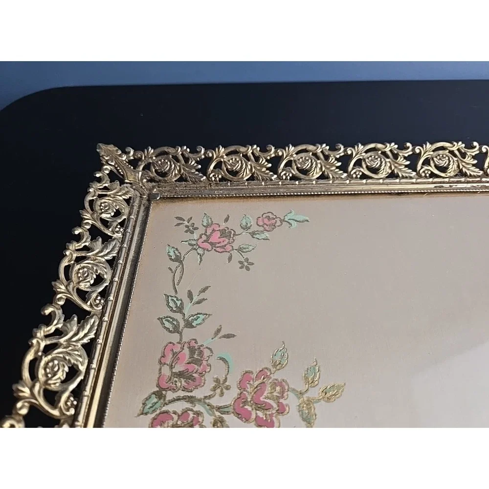 VTG Hollywood Regency Gold Tone Glass Rectangle Vanity Tray Filigree 14.5 x 9.5
